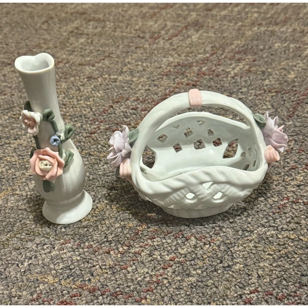 Sculpted Porcelain 3D Floral Basket & Bud Vase Vintage  Set